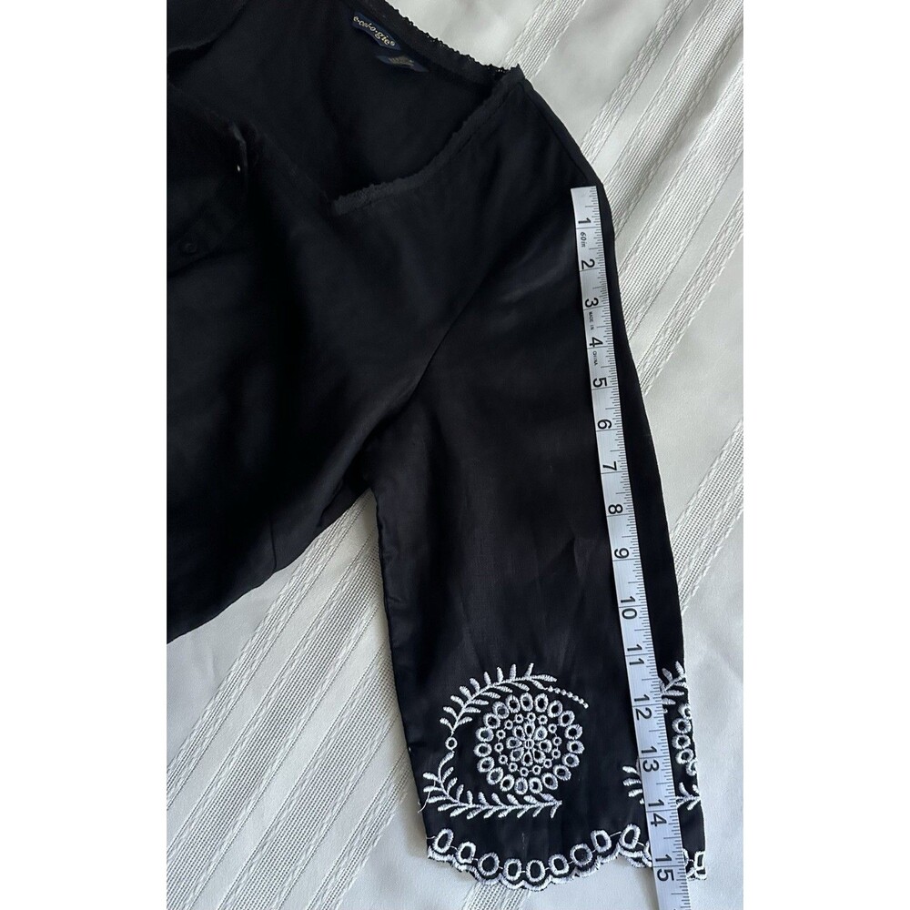 Ecologie Black 100% Linen Blouse, Size M, with White Embroidery and 3/4 Sleeve - Picture 10 of 13